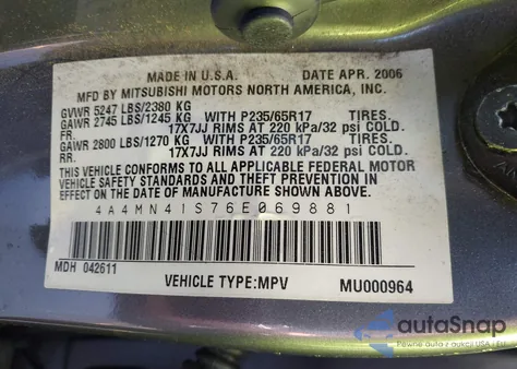 2006 Mitsubishi Endeavor Limited from USA, damaged, VIN 4A4MN41S76E069881